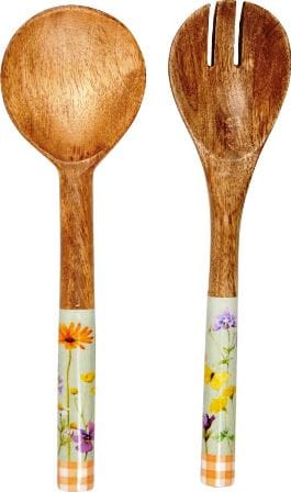 Set 2 piezas de cucharas con madera de mango para ensaladas con bello diseno floral