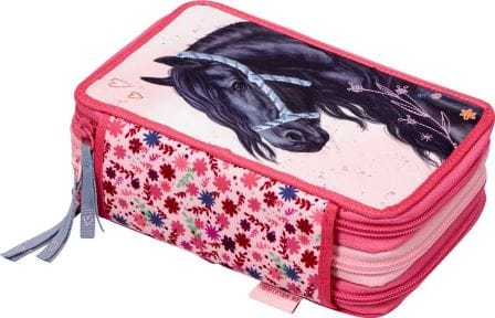 Estuche vacio con 3 compartimientos para lapices con hermoso diseno de caballos