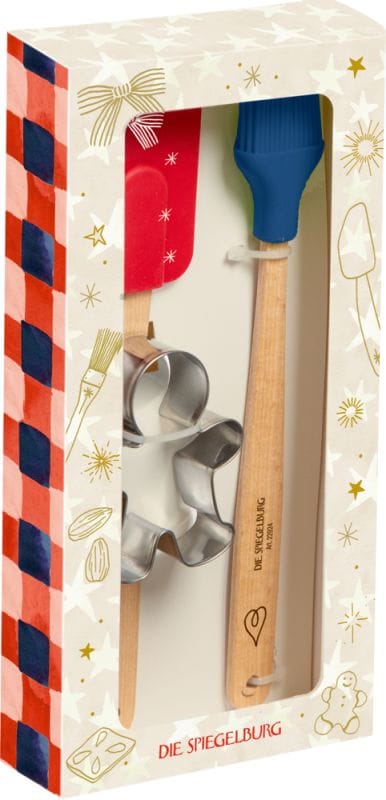 Kit de regalo para hornear con diseno navideno - batidor, espatula y cortador de galletas con cajita 