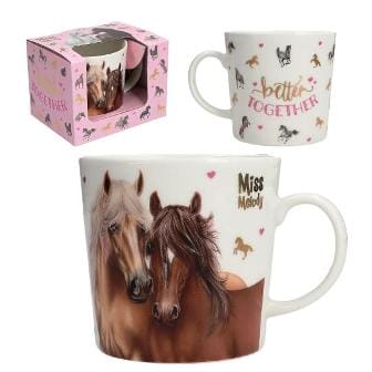 Taza de porcelana con motivo de caballos y hermosos adornos de Miss Melody con cajita de regalo