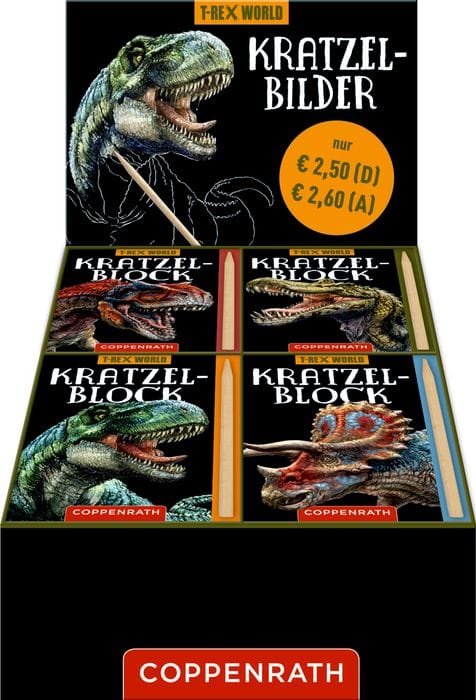 Bloque pequeno para rascar y colorear - elige tu dino de los 4 disenos  T-Rex World