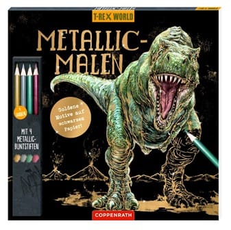 Bloc para colorear con paginas negras y lapices metalicos de T-Rex World