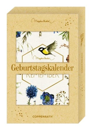 Geburtstagskalender - Calendario de cumpleanos con 12 tarjetas impresas y soporte de madera